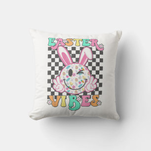Retro Groovy Easter Vibes Bunny Checkered Smile Wo Throw Pillow