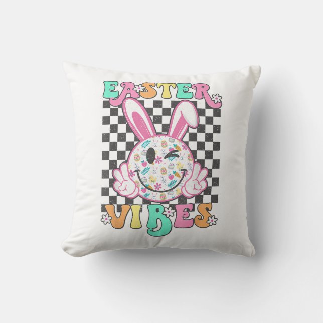 Retro Groovy Easter Vibes Bunny Checkered Smile Wo Throw Pillow (Front)