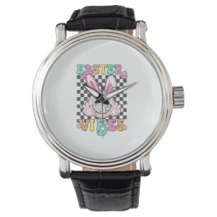 Retro Groovy Easter Vibes Bunny Checkered Smile Wo Watch