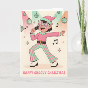 Retro Groovy Elf Merry Christmas Holiday Card