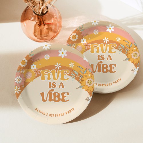 Retro groovy five is a vibe birthday paper plates