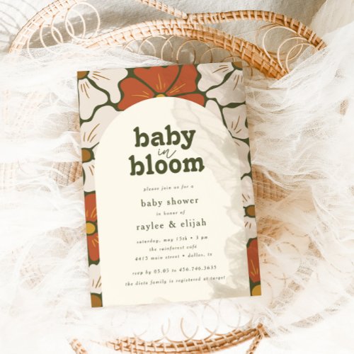 Retro Groovy Floral Arch Baby in Bloom  Boho Invitation