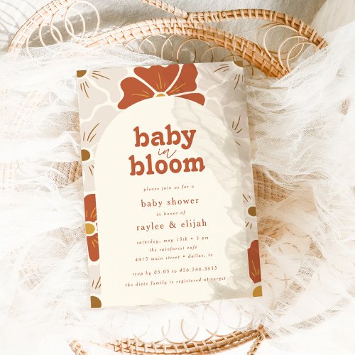 Retro Groovy Floral Arch Baby in Bloom  Boho Invitation