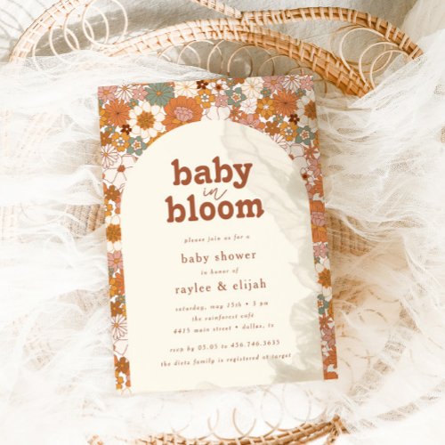 Retro Groovy Floral Arch Baby in Bloom  Neutral Invitation