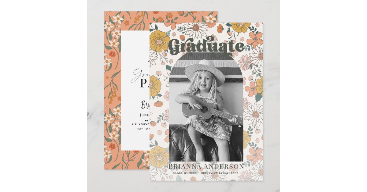 Retro Groovy Floral Arch Photo Kids Graduation Invitation | Zazzle