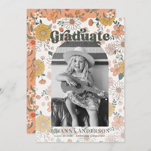 Retro Groovy Floral Arch Photo Kids Graduation Invitation (Front/Back)
