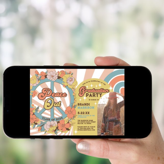 Retro Groovy Floral Arches Photo Graduation Party Invitation (Front Digital)