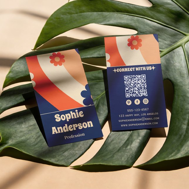 Retro Groovy Floral Business Card with QR Code (Creator Uploaded)