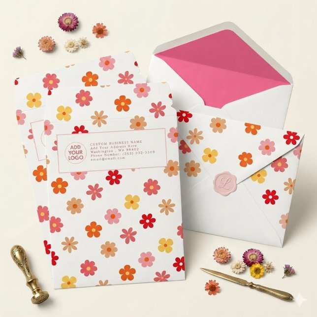 🌸 Retro Groovy Floral Custom Logo Business  Envelope Mailers (Creator Uploaded)
