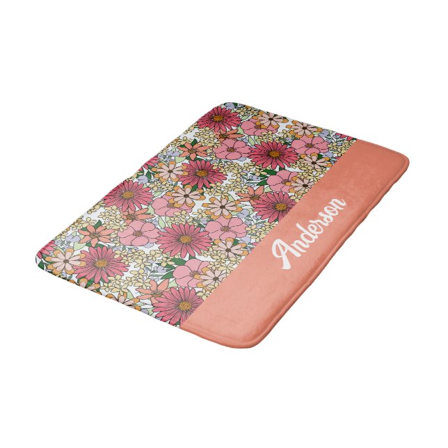 Retro Groovy Floral Daisy Boho Bath Mat (Angled)