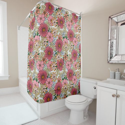 Retro Groovy Floral Daisy Boho Shower Curtain