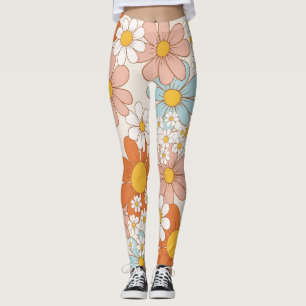 Retro Groovy Floral Daisy Seamless Pattern Leggings