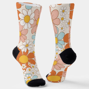Retro Groovy Floral Daisy Seamless Pattern Socks