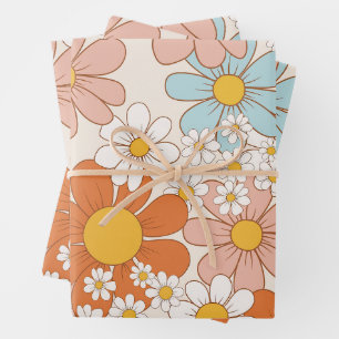 Retro Groovy Floral Daisy Seamless Pattern Wrapping Paper Sheets