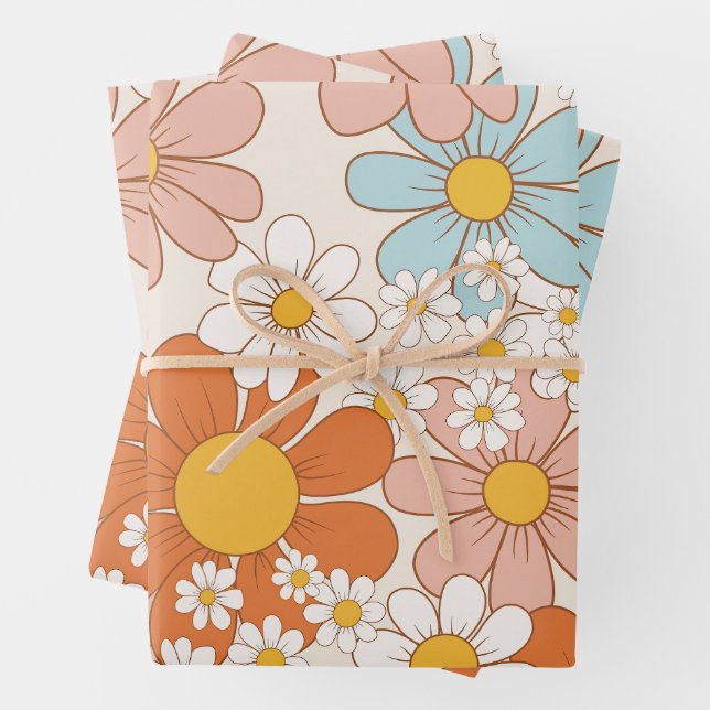 Retro Groovy Floral Daisy Seamless Pattern Wrapping Paper Sheets (In situ)