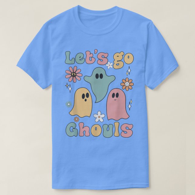 Retro Groovy Floral Lets Go Ghouls Ghost Halloween T-Shirt (Design Front)