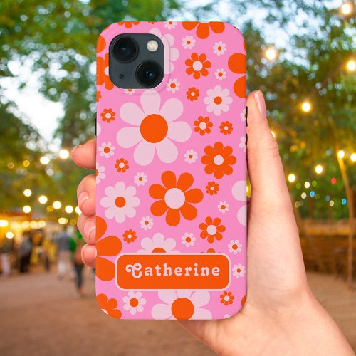 Retro Groovy Floral Orange Pink Name iPhone 13 Case