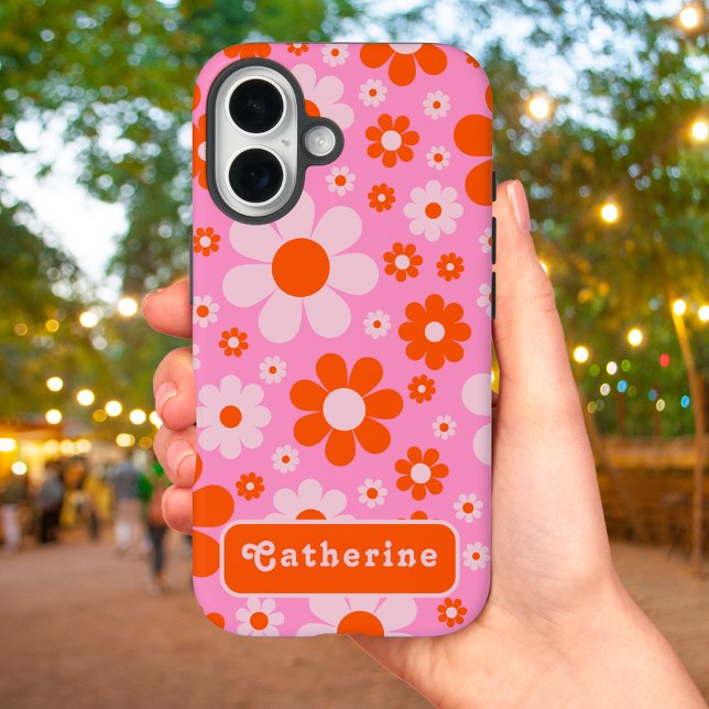 Retro Groovy Floral Orange Pink Personalized Case-Mate iPhone Case (Personalized Modern stylish retro floral pink and orange iPhone 16 case simple 70s daisy pattern)
