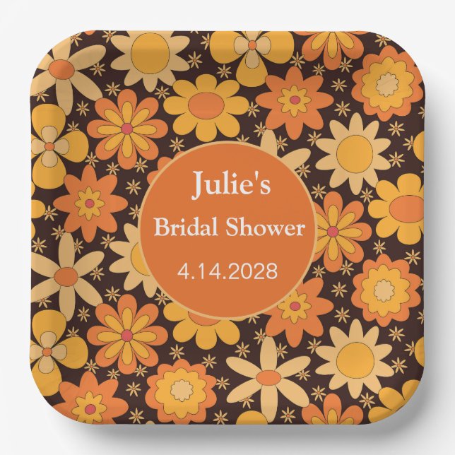 Retro Groovy Floral Orange yellow bridal shower  Paper Plates (Front)