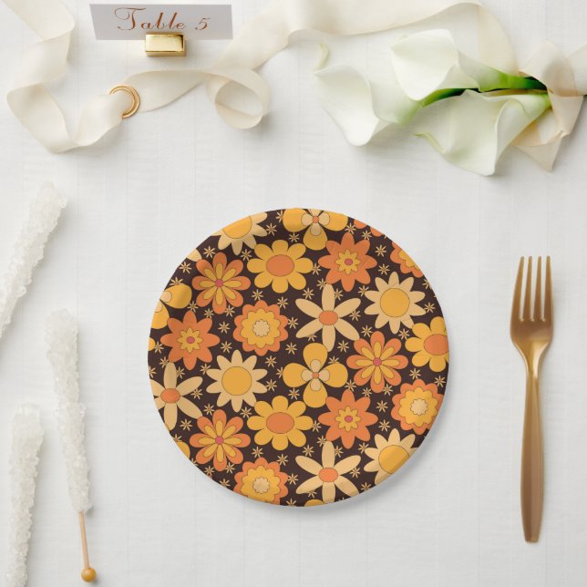 Retro Groovy Floral pattern Yellow and  Orange  Paper Plates (Wedding)