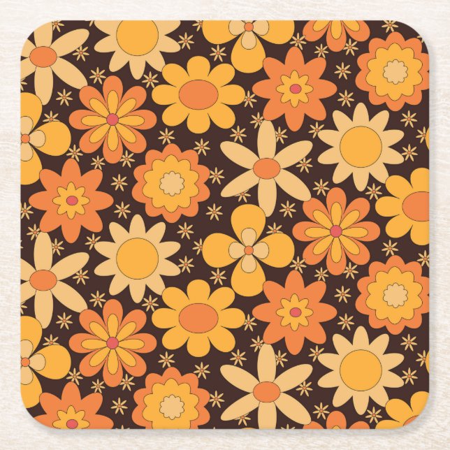 Retro Groovy Floral pattern Yellow and  Orange   Square Paper Coaster (Front)
