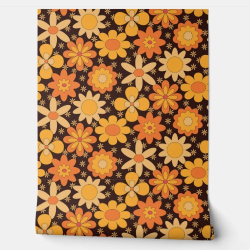 Retro Groovy Floral pattern Yellow and Orange Wallpaper
