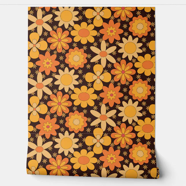 Retro Groovy Floral pattern Yellow and Orange Wallpaper | Zazzle