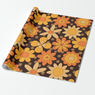 Retro Groovy Floral pattern Yellow and Orange Wrapping Paper