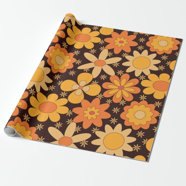 Retro Groovy Floral pattern Yellow and  Orange  Wrapping Paper (Unrolled)