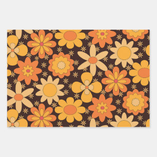 Retro Groovy Floral pattern Yellow and Orange Wrapping Paper Sheets
