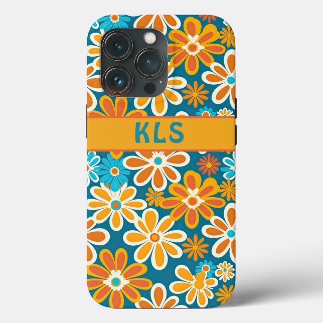 Retro Groovy Floral Teal Yellow & Orange Monogram Case-Mate iPhone Case (Back)