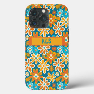 Retro Groovy Floral Teal Yellow & Orange Monogram iPhone 13 Pro Case
