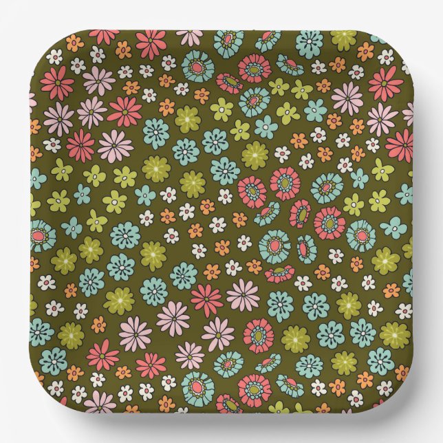 Retro Groovy Flower Pattern Paper Plates (Front)