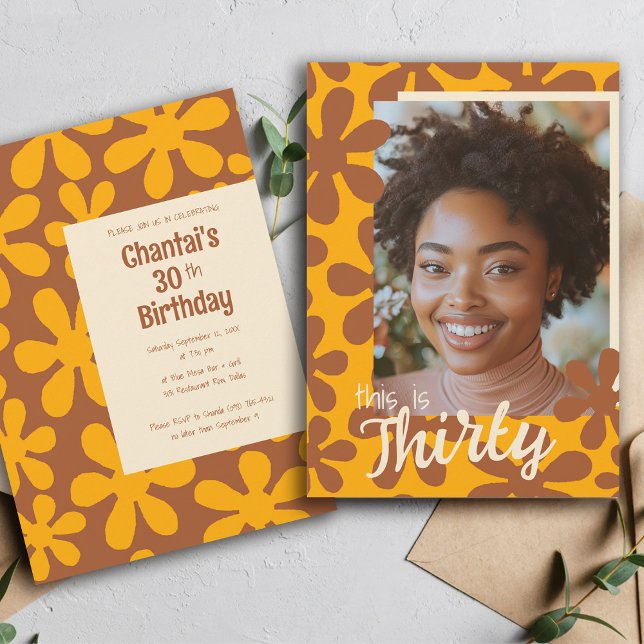 Retro Groovy Flower Photo Template Thirty Birthday (Creator Uploaded)
