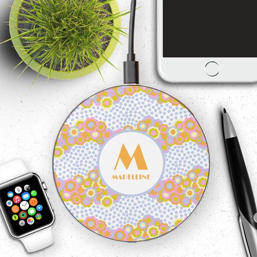 Retro Groovy Flowers and Stars Monogram Name Wireless Charger