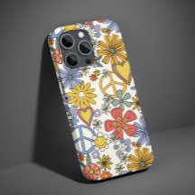 Retro Groovy Flowers Hearts Peace Signs