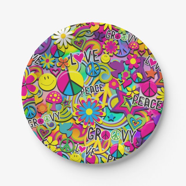 Retro Groovy FUN 60's Sixties Love Birthday Party Paper Plates (Front)