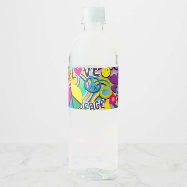 Retro Groovy FUN 60's Sixties Love Birthday Party Water Bottle Label (Front)