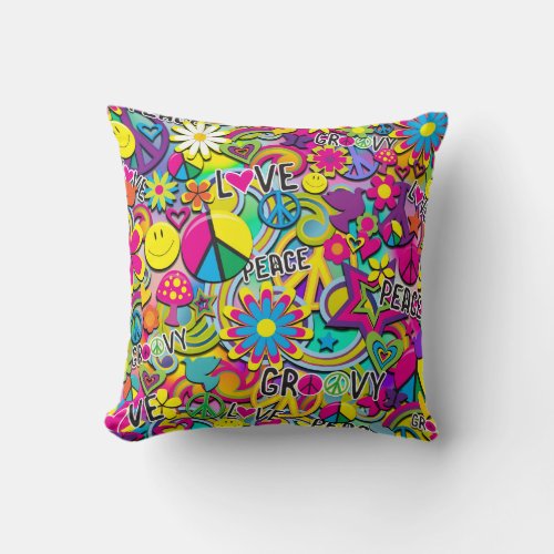 Retro Groovy FUN 60s Sixties Love Colorful Funky Throw Pillow