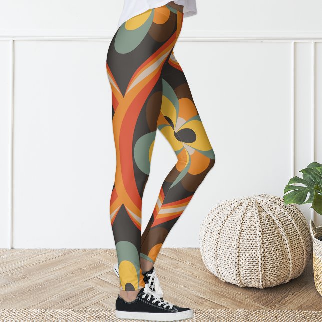 Retro Groovy Geometric Orange Floral Leggings (Creator Uploaded)
