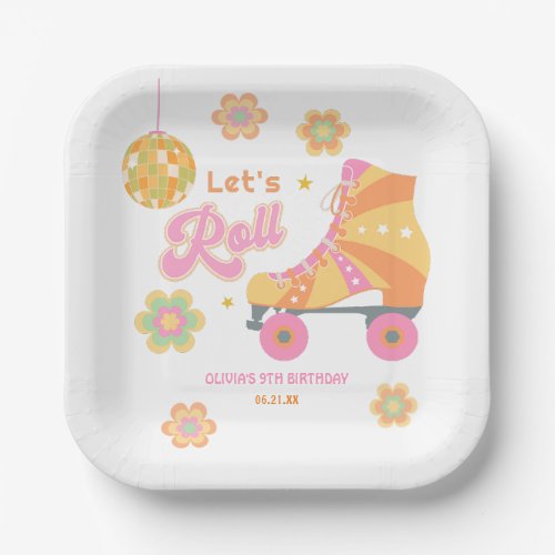 Retro Groovy Girl Roller Skating Birthday Party Paper Plates