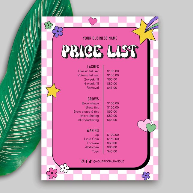Retro Groovy Girly Pink Beauty Salon Price List (Trendy retro pink business price list design with groovy style fonts and checkered background)
