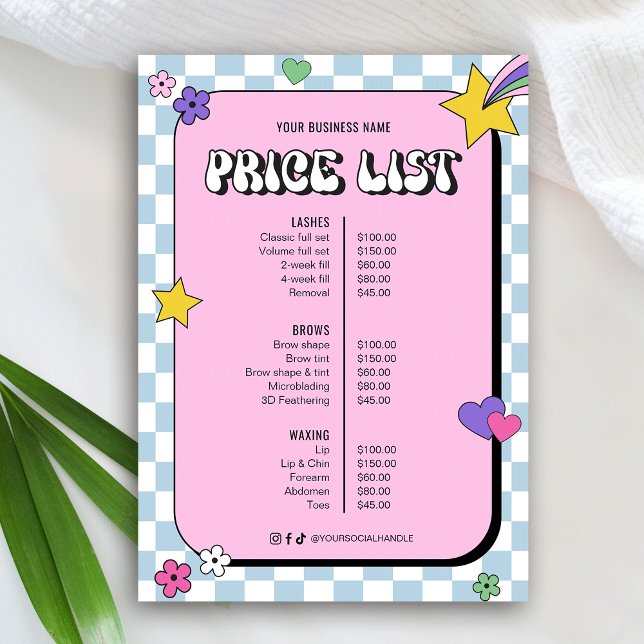 Retro Groovy Girly Pink Beauty Salon Price List (Trendy retro style  business price list design with groovy fonts, checkered blue and pink background)