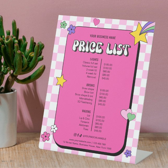 Retro Groovy Girly Pink Makeup Lashes Price List Pedestal Sign (Embrace the groove and stand out with this trendy retro pink business price list pedestal sign)