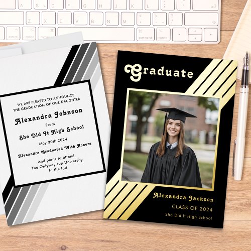 Retro Groovy Graduate Photo Black and Gold Foil Invitation