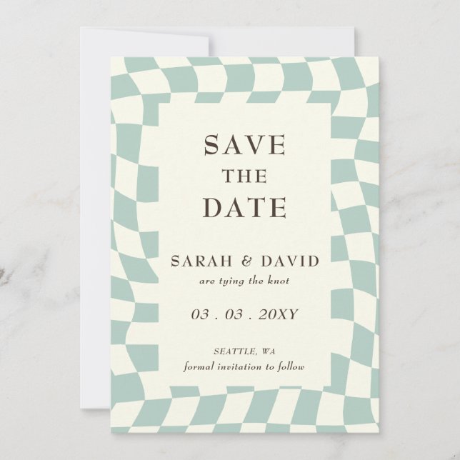 Retro Groovy Green Checkerboard Photo Save The Date (Front)