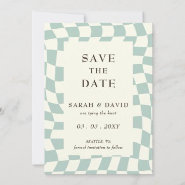 Retro Groovy Green Checkerboard Photo Save The Date