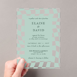 Retro Groovy Green Checkerboard Wedding Acrylic Invitations