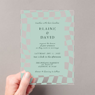 Retro Groovy Green Checkerboard Wedding Acrylic Invitations
