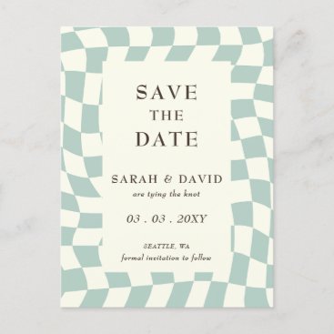 Retro Groovy Green Checkerboard Wedding Announcement Postcard